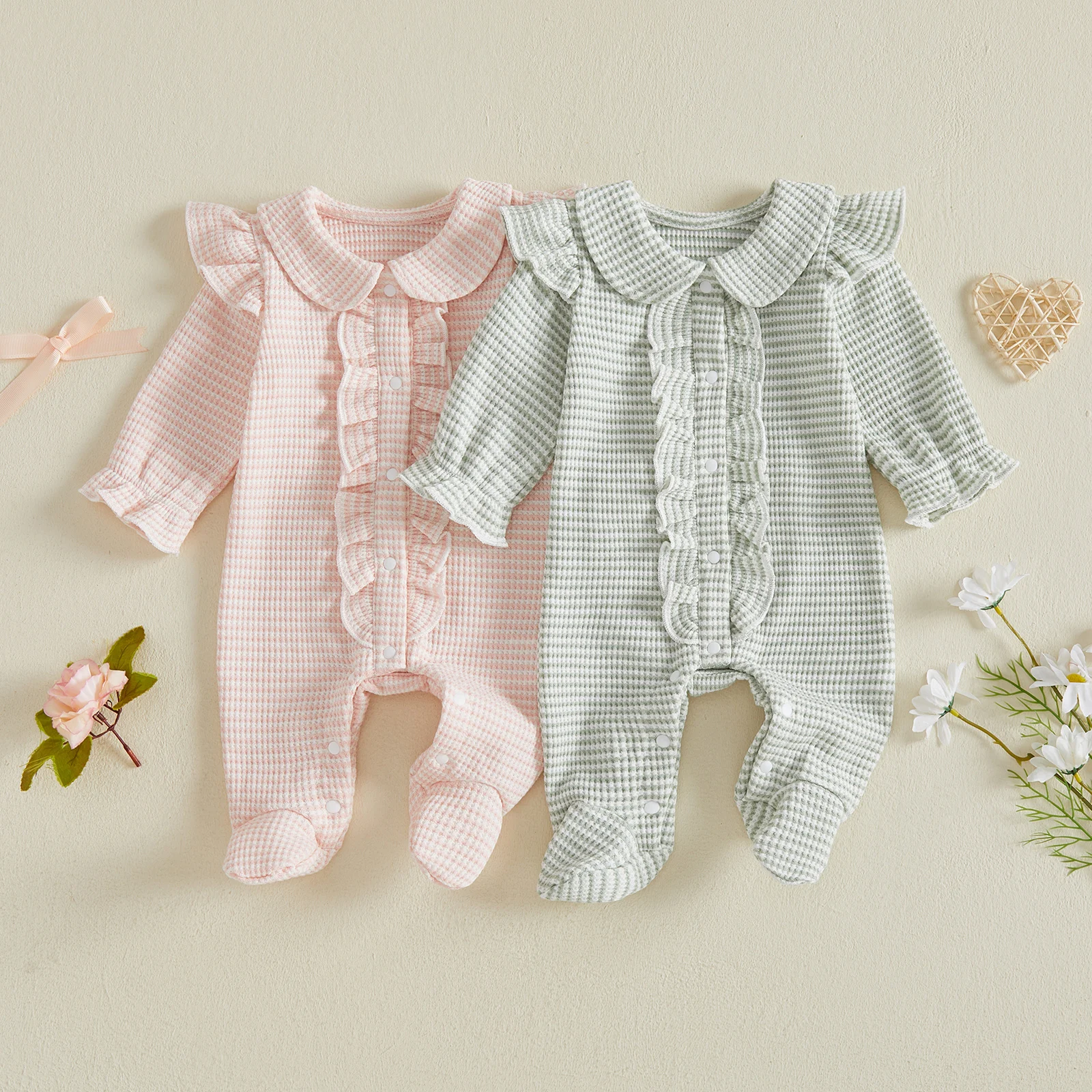 Autumn Baby Girl Ruffles Footies Jumpsuits Waffle Stripe Print Doll Collar Long Sleeve Fall Romper Baby Coming Home Clothes