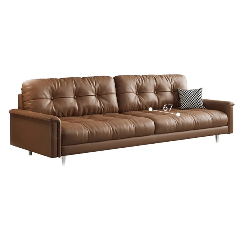 

Retro cowhide leather sofa medieval three person living room straight row small apartment light luxury down