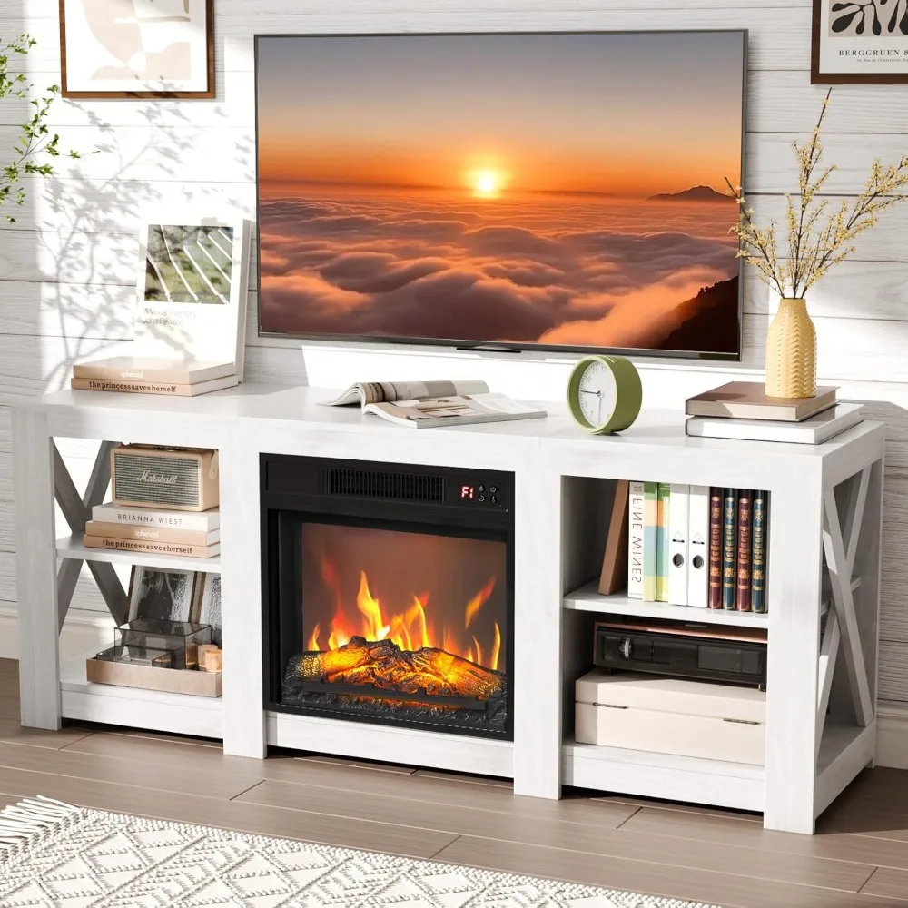 

Fireplace TV Stand for up to 70 inch TVs, Farmhouse Entertainment Center with Electric Fireplace Heater & Adjustable Shel