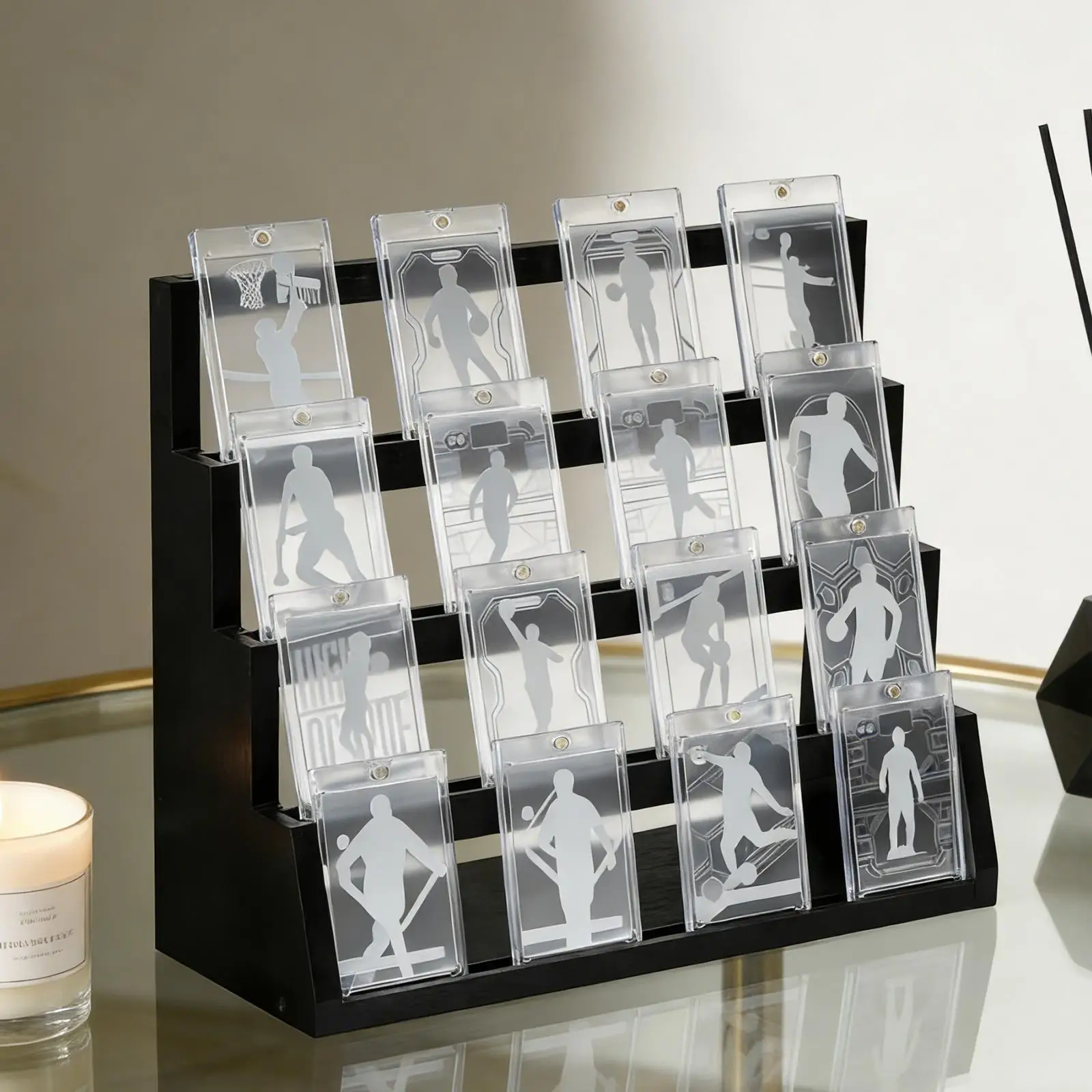 Wooden Card Display Rack Organizer 4 Tier Storage Stand Graded Card Shelf for TCG Baseball Basketball Hockey Collection view 3