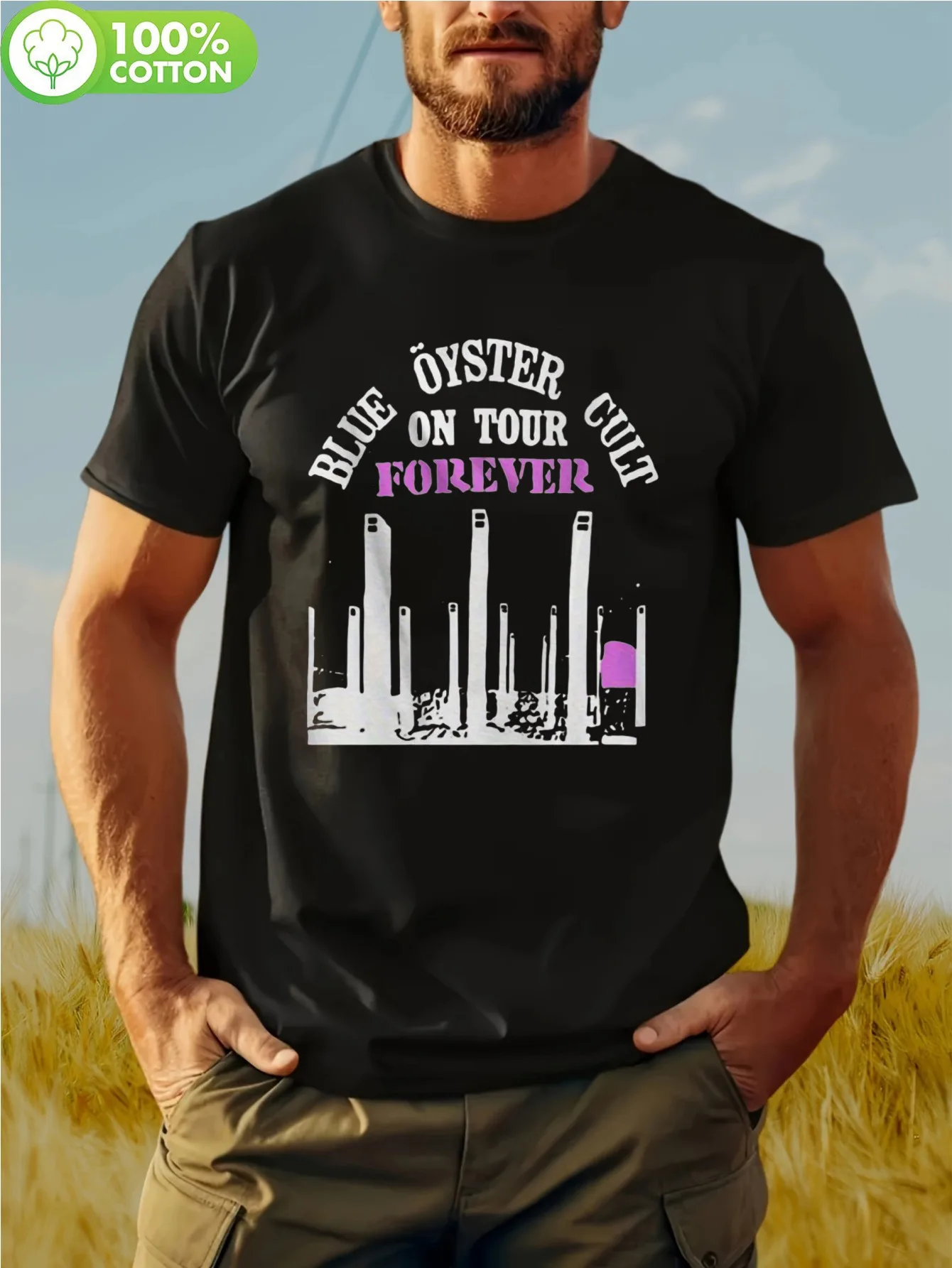 

Blue Oyster Cult On Tour Forever Graphic Men's T-Shirt - 100% Cotton Regular Fit Round Neck Casual Tee with Bold Mushroom Print