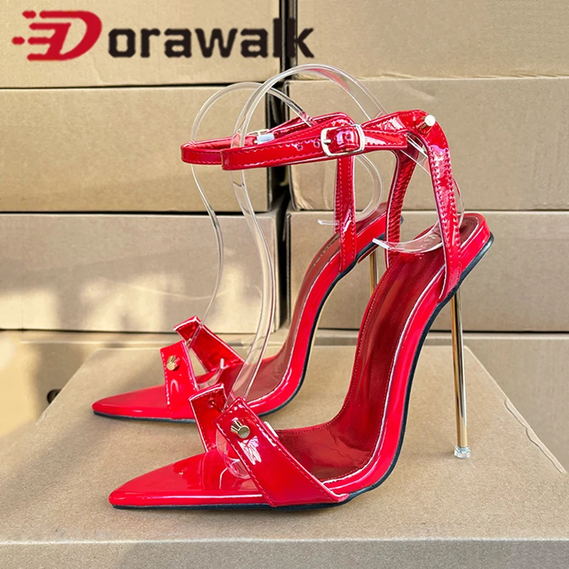 

2025 New Arrival Women Metal High Heels Sexy Red 12cm Sandals Stilettos Pointy Toe Heels Model Chic Man Unisex Shoes Plus Size