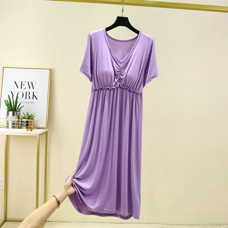 INS Casual Women\'s Summer Nightgown Thin Chest Pad Modal Nightdress Short-Sleeved V-Neck Home Dress ночнушка женская