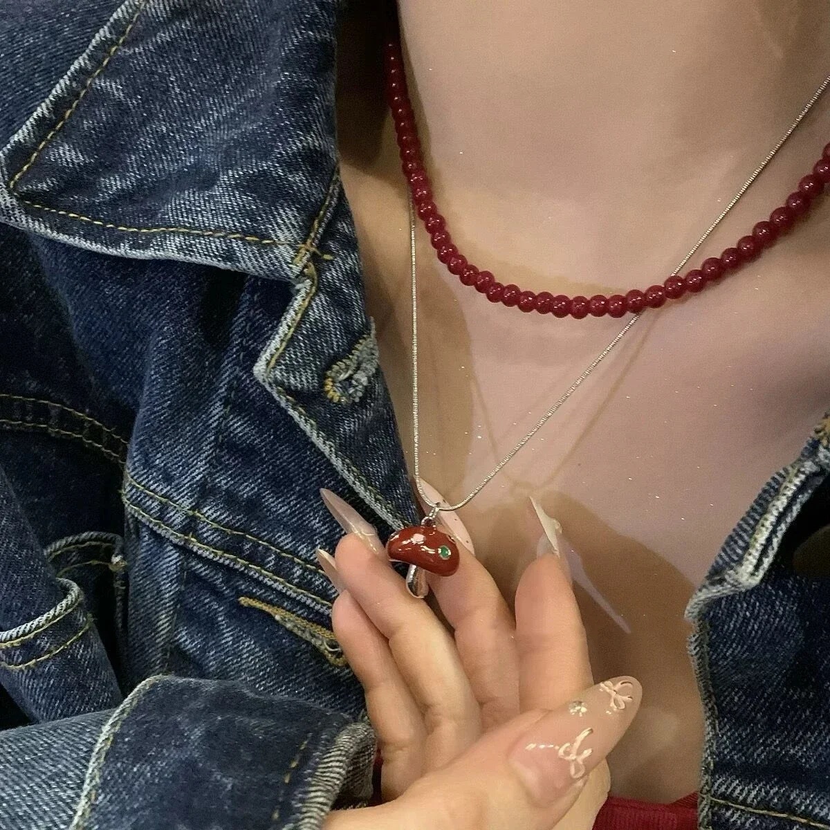 Red Drip Glaze Mushroom Pendant Sweater Chain Necklace For Women Party Trendy Y2K Cute Vintage Aesthetic Christmas Jewelry Gifts