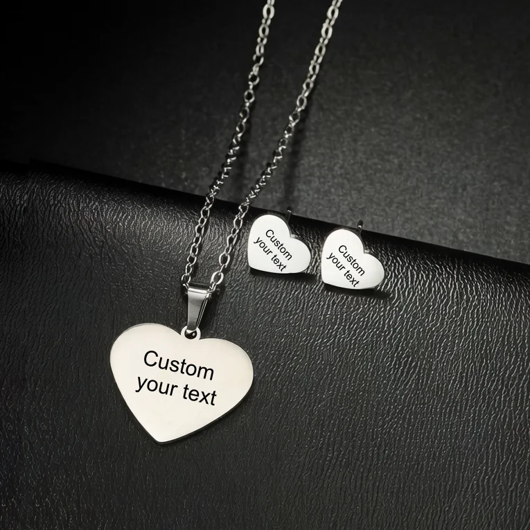 Custom Name Necklace Earrings Jewelry Set for Women Heart Stainless Steel Pendant Personalized Engraved Letter Date Lovers Gifts - view 5
