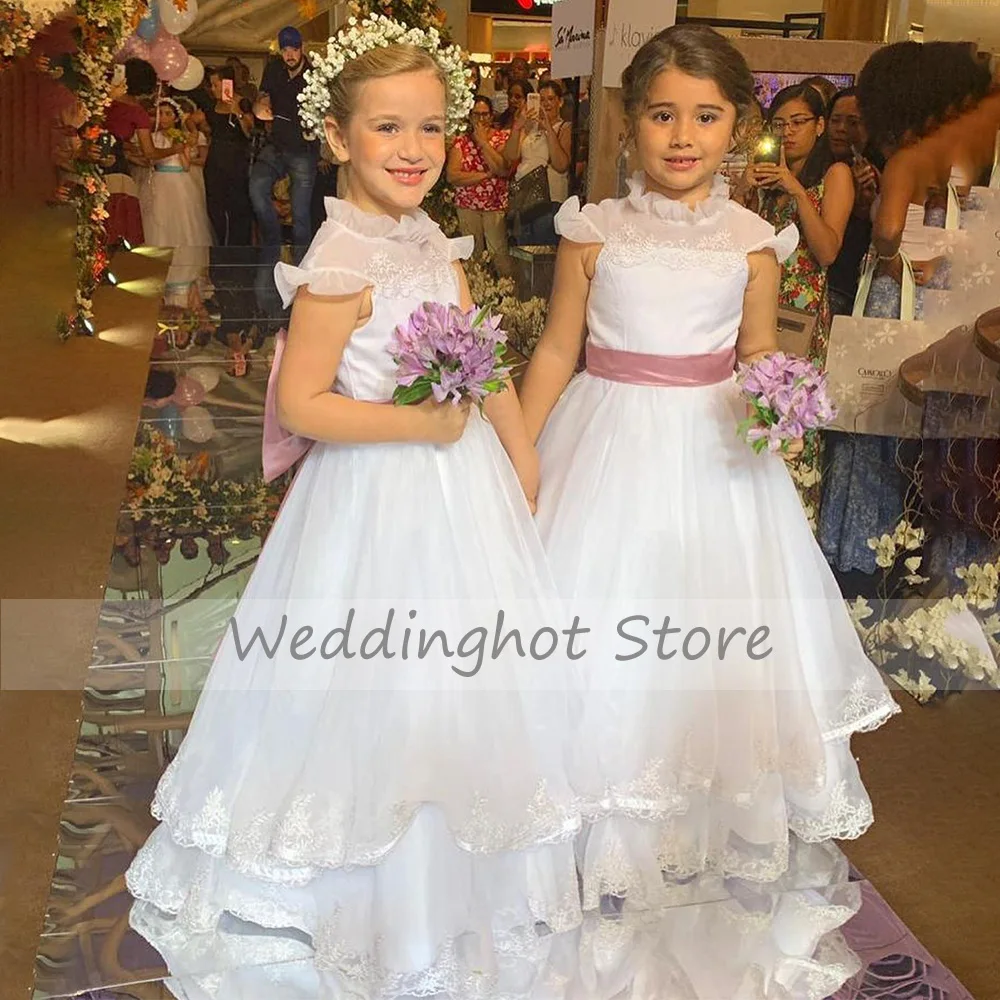 Flower Girl Dresses for Weddings White High Collar A Line   Gowns Long Applique Sash Bow Formal Party Dress  Child