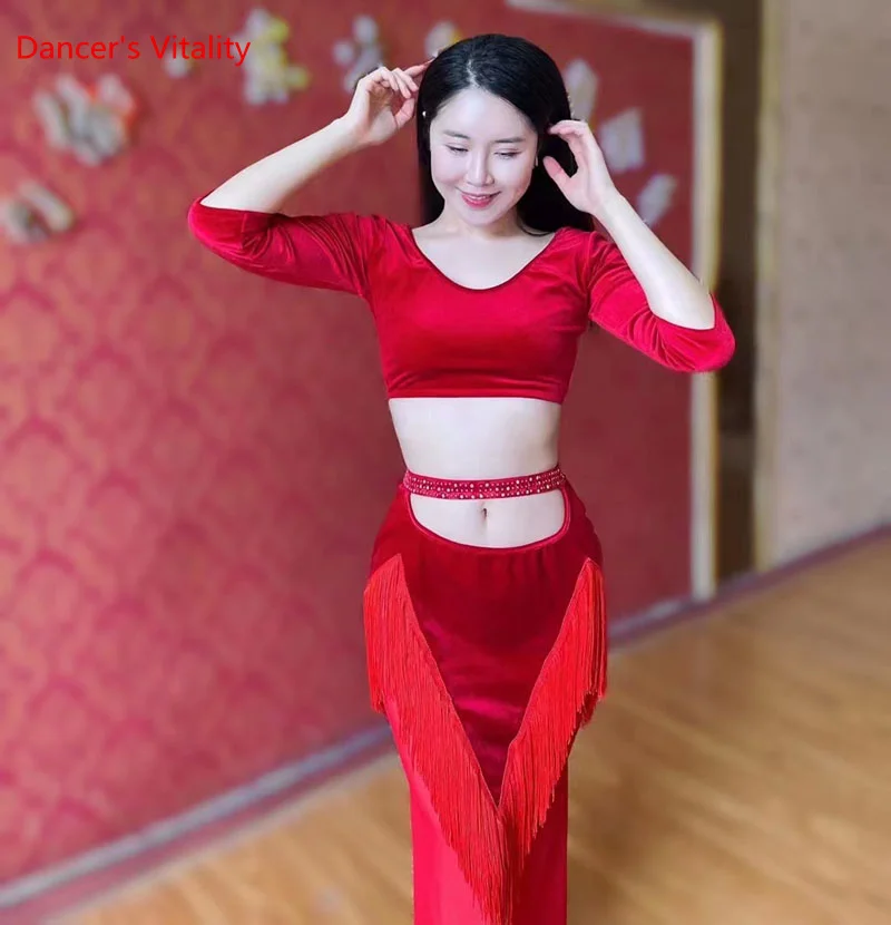 Women Belly Dance Profession Costume Set Children Exotic Dancewear Winter Half Sleeves Top+skirt for Girl Belly Dancing Outfit