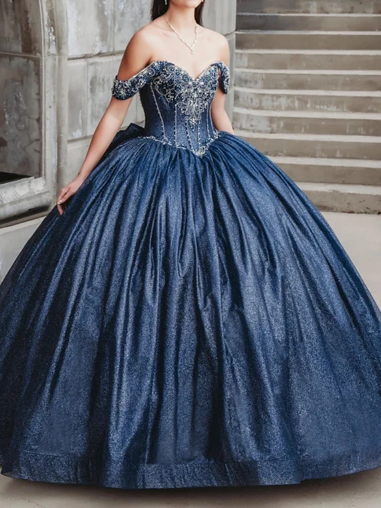 AQ 259 Customized Navy Blue Women Prom Dresses Special Occasion Wear Beading Bow Puffy Skirt Party Dress Sweet 15 16 Quinceanera