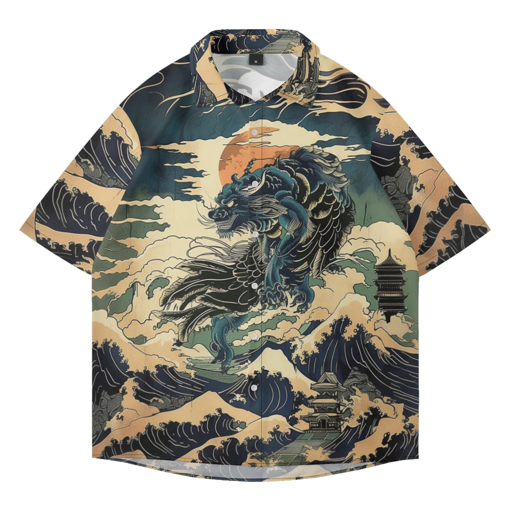 

Summer casual oversized short sleeved dragon print , loose Hawaiian beach trend quick drying comfortable single breasted shirt