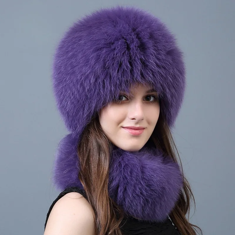 Fox Fur Grass Hat Scarf Women's Winter Genuine Leather Ear Protection Hat Scarf Two Piece Set