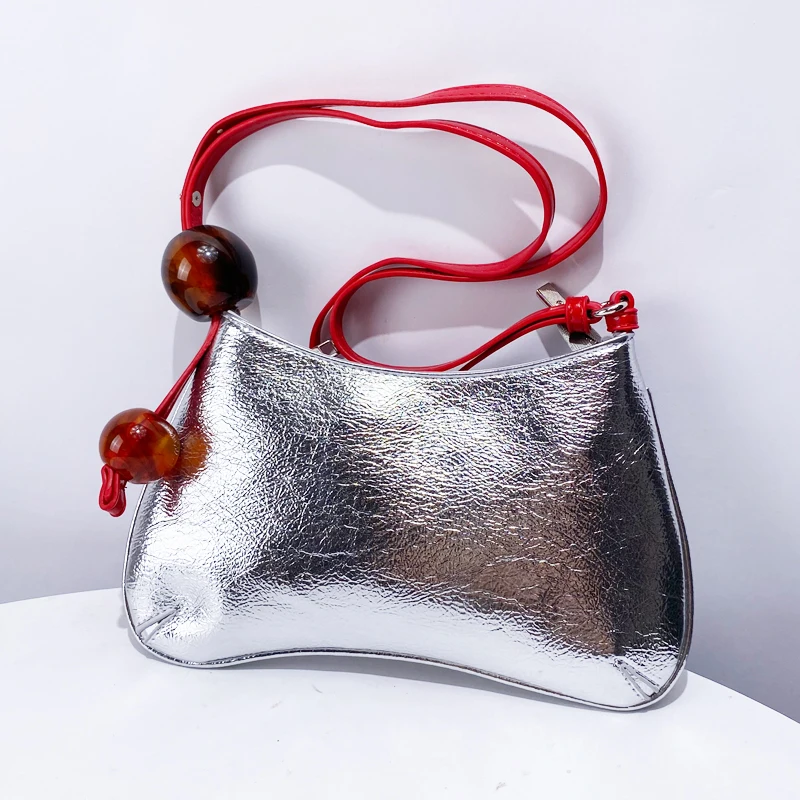 

Silver Square Underarm Bag For Women Luxury Designer Handbags Purse 2024 New In Fashion Amber Beads Decorate Shoulder Crossbody