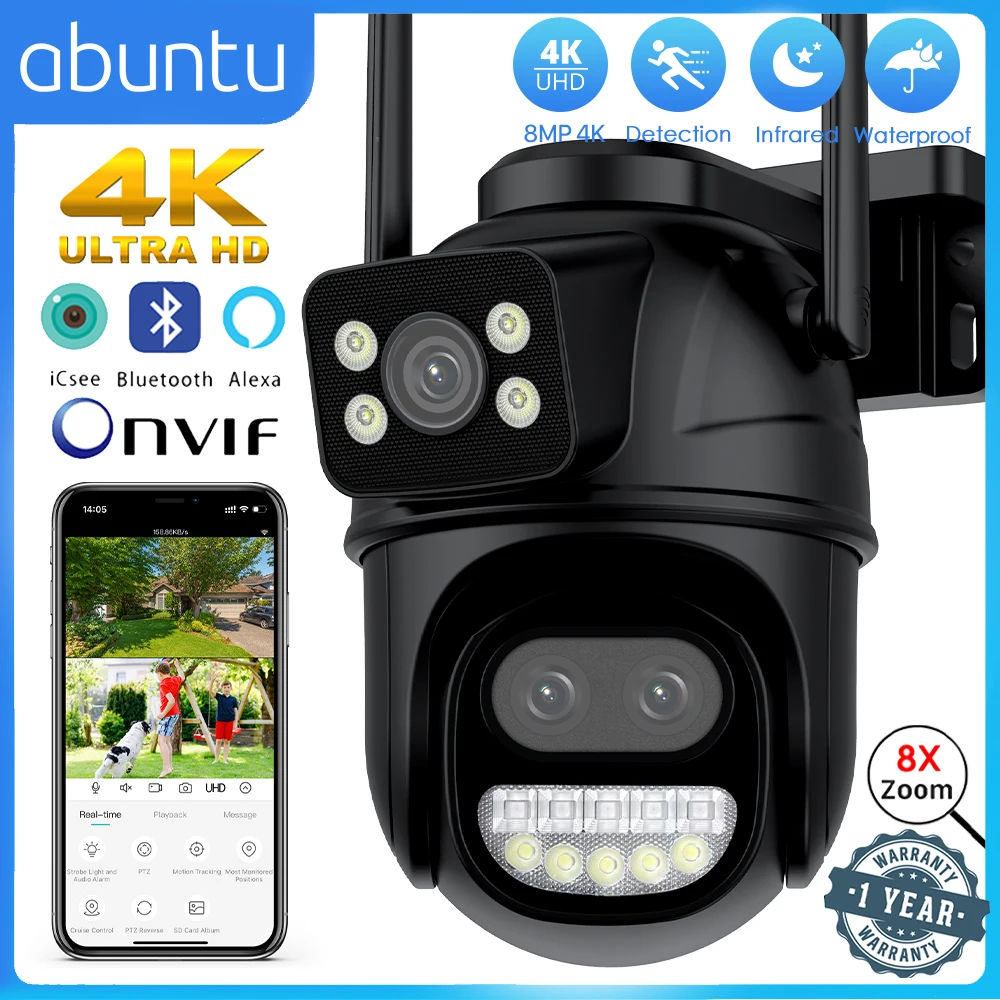 Abuntu 9mp Ptz Wifi Camera 8x Digitale Zoom Dubbele Schermen Wifi Bewakingscamera Nachtzicht Cctv Beveiligingscamera Icsee App