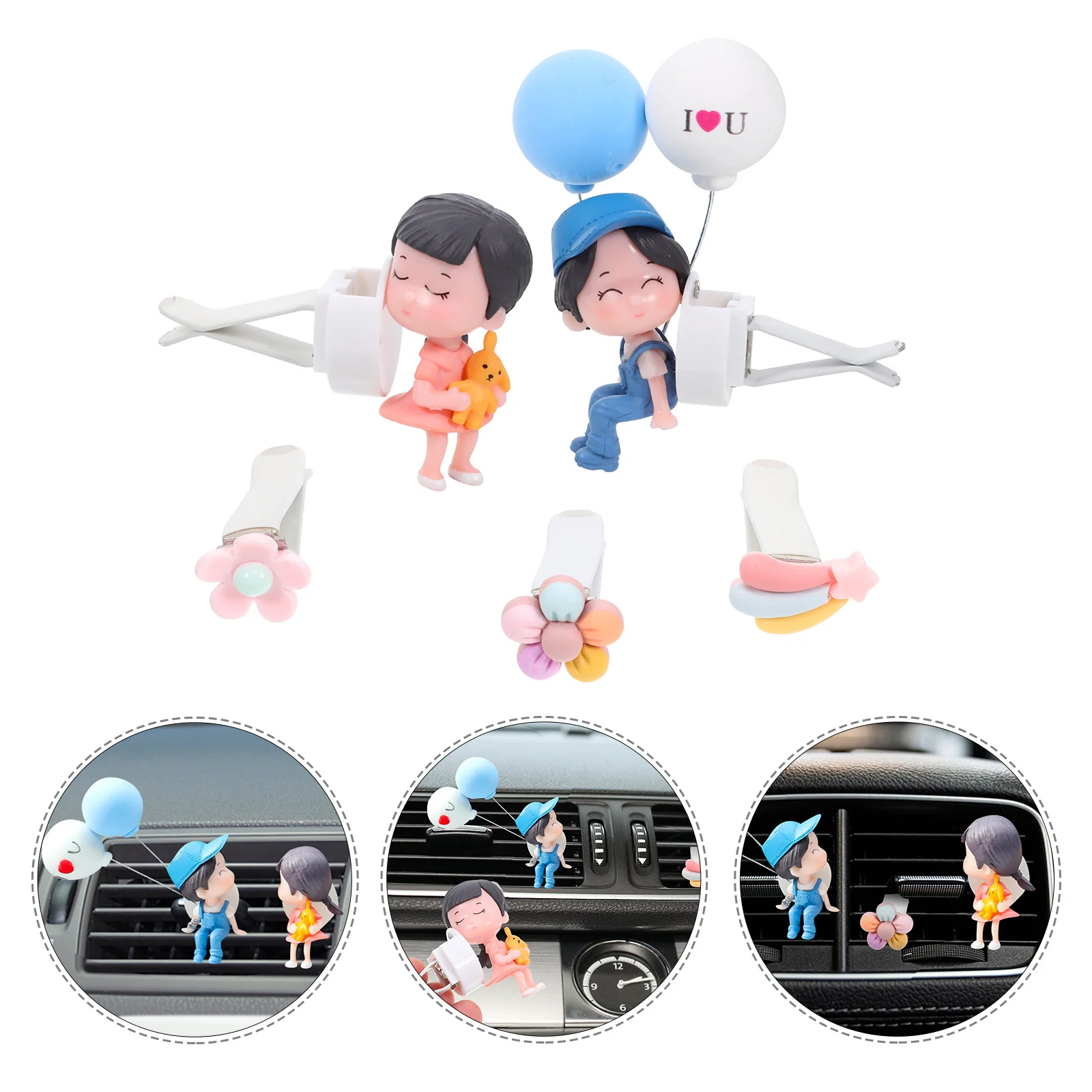 

5pcs Couple Car Ornaments Cute Cartoon Air Freshener Clip Vent Decor Multi-Functional Fragrance Pendant Durable Pp Zinc Alloy