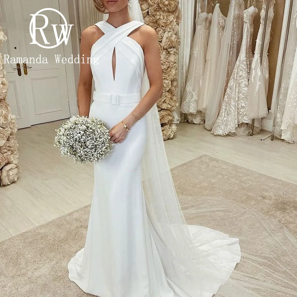 

Ramanda Criss-Cross Sleeveless vestidos de novia Hollow Out Court Train Wedding Dresses Floor-Length Bridal Gown for Women