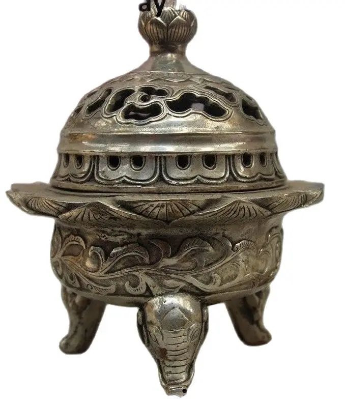 

Chinese Buddhism Temple Tibet Silver Lotus Elephant Incense Burner Censer Statue