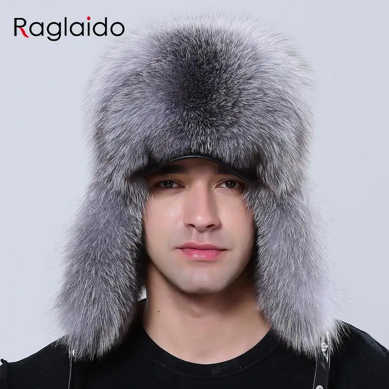 

Men's Winter Bomber Ushanka Hat Thick Warm Russian Natural Raccoon Fox Fur Trapper Earflap Hat for Extreme Cold Weather