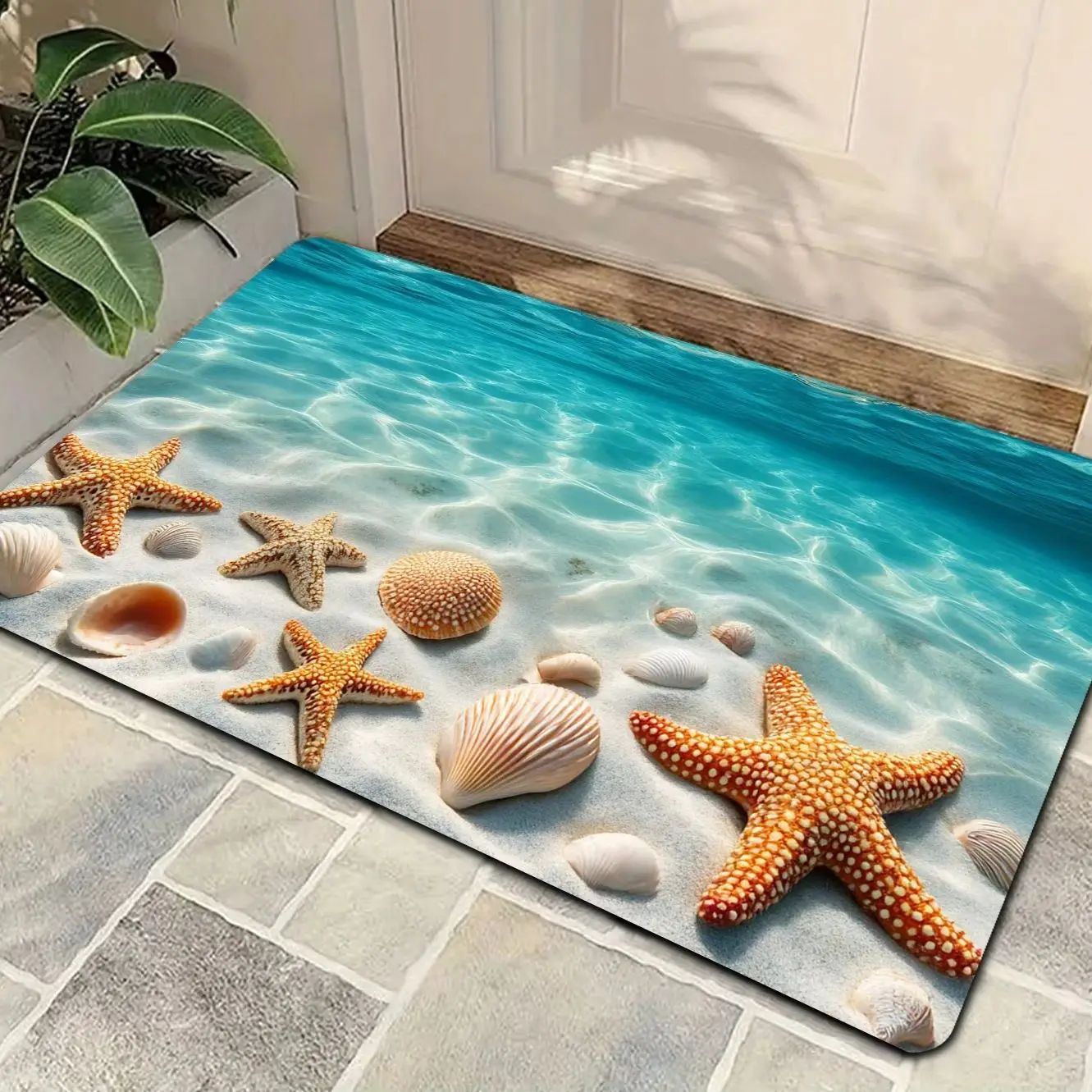 2D Flat Print Ocean Waves Seashells Design Welcome Doormat for Comfortable for Living Room Bedroom Bathroom Kitchen Home Decor