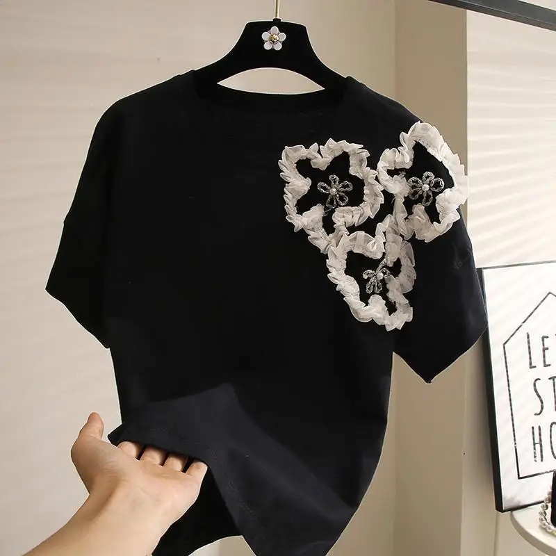 

SuperAen Three-dimensional Pearl Flower Cotton T-shirt Women's 2025 Summer New Korean Style Oversize Short Sleeve Design T-shirt