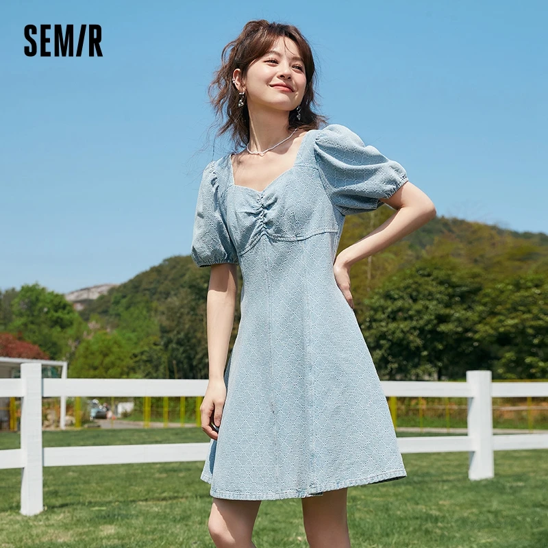 Semir Dress Women Sweet Cool Puff Mouw Zomer 2023 Nieuwe Mode Retro Diamant Jacquard Denim Jurk