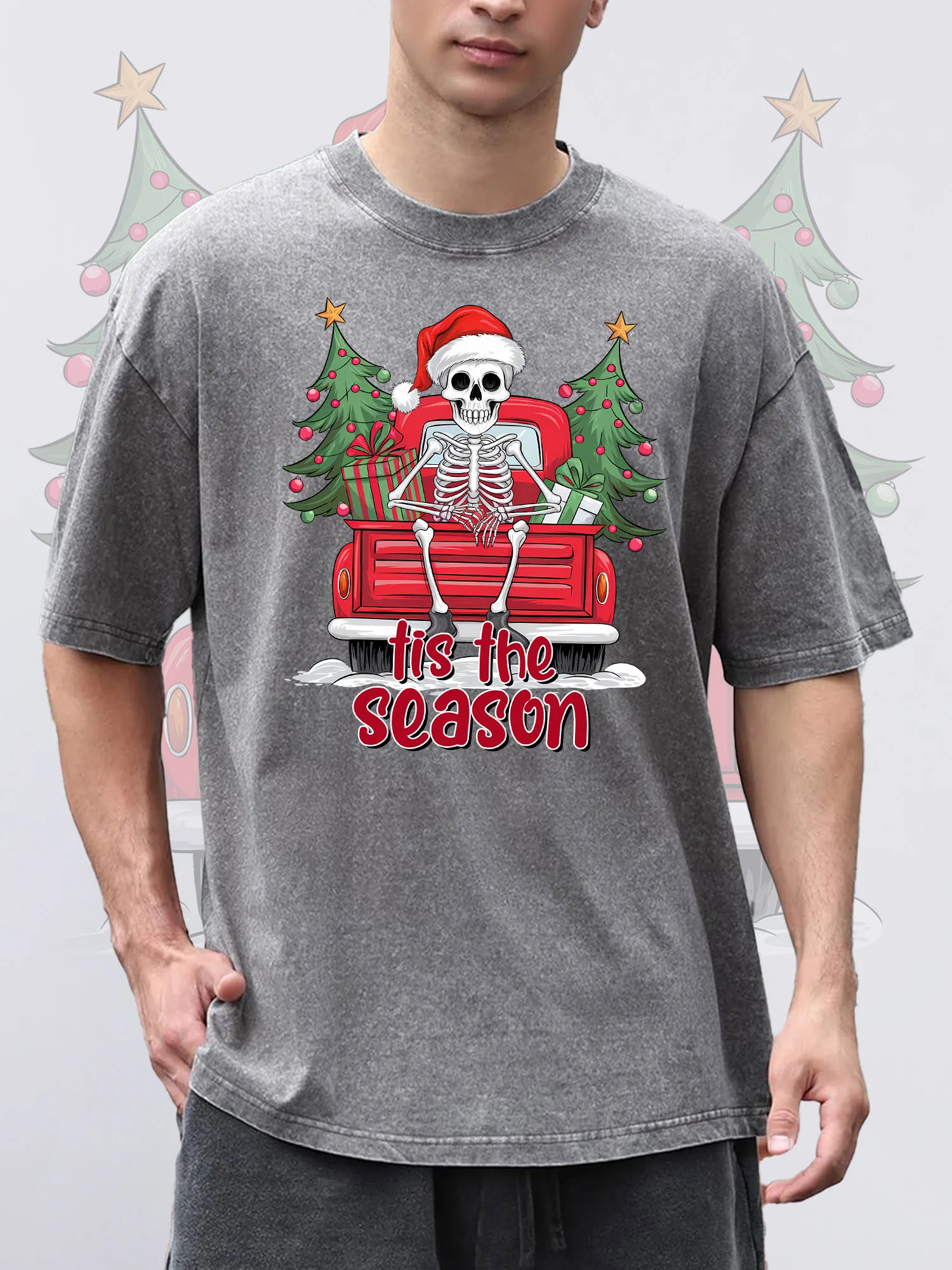

Men's T-Shirts TIS The Season Printed Grey Short-Sleeve Crew Neck Loose Summer 100% Cotton Acid Washed Christmas Theme T-Shirt