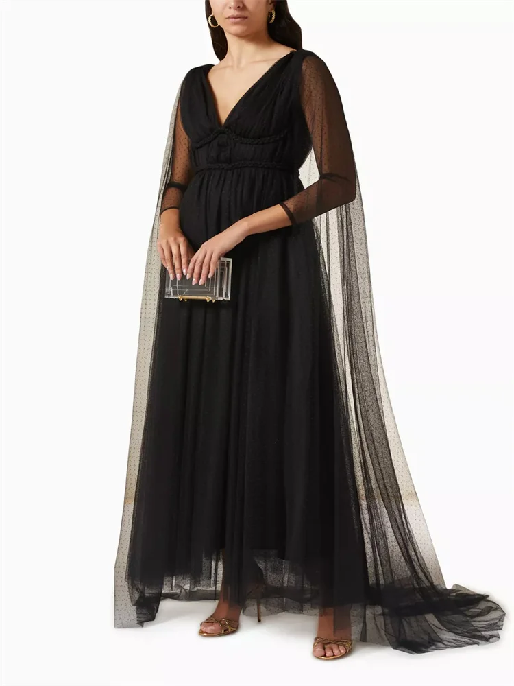 Hot Selling Sweetheart Neck With Long Cape Sleeves Tulle A-Line Evening Dress Back Zipper Floor Length Party Gown for Women 2024