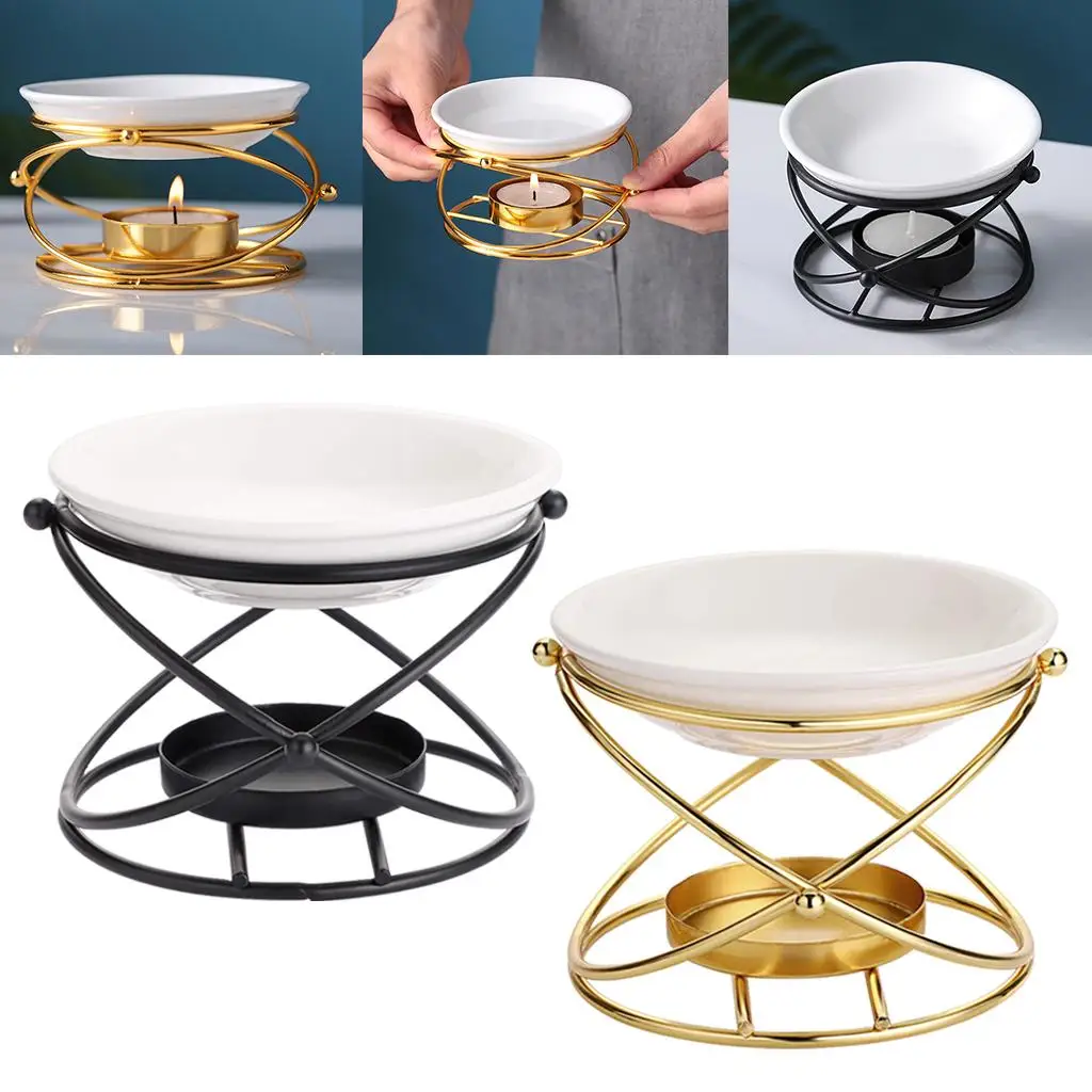 Essential Oil Burner Diffuser Scented Tealight Oil Warmer Metal Frame Ceramic Scented Wax Melt Burner for Spa Yoga