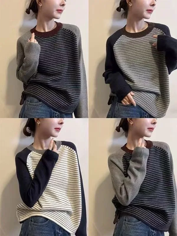 Prendas De punto, nuevo suéter De punto a rayas De manga larga, jerséis para Mujer, suéter De punto con cuello redondo, Jersey, Tops para Mujer, Sueters De Mujer Q2052
