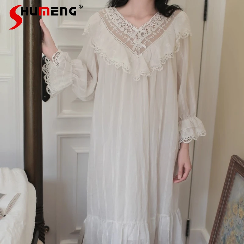 

Французская принцесса, ночные рубашки в придворном стиле, женские кружевные ночные рубашки из чистого хлопка и марли, женская кружевная кукла с рюшами, милая одежда для сна