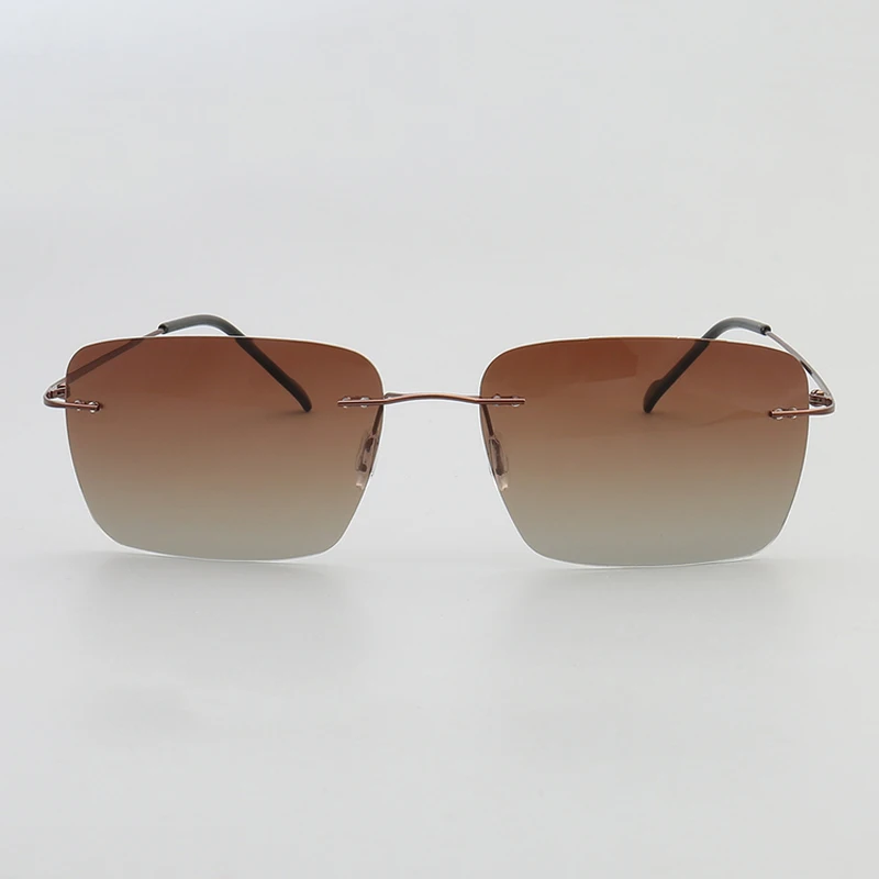Classic Rectangle Mens Sun Glasses Metal Rimless Sunglasses Womens Polarized UV400 Driving Frames Yellow Brown Night Vision Lens