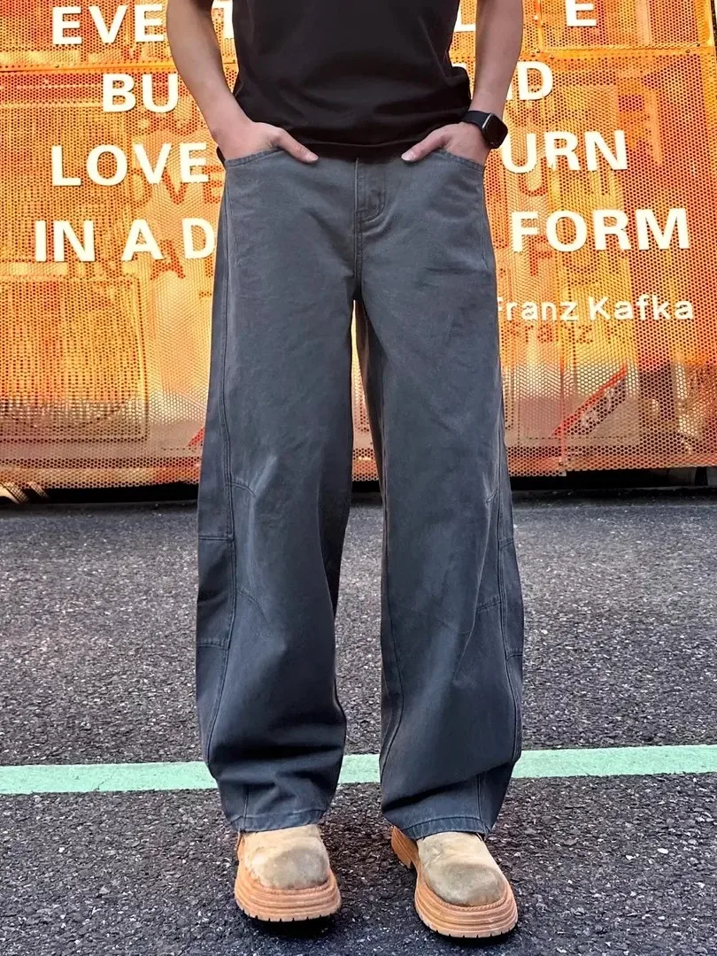 Retro American Washed Cotton Casual Pants Men's Folded Wide Leg Workwear Trousers Trendy Brand Patchwork Loose Floor-Length P...