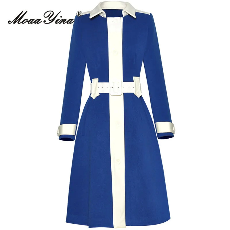 

MoaaYina Autumn Fashion Designer Vintage Hit Color Trench Coat Women's Lapel Button Sashes Gathered Waist Slim Long Trench Coat