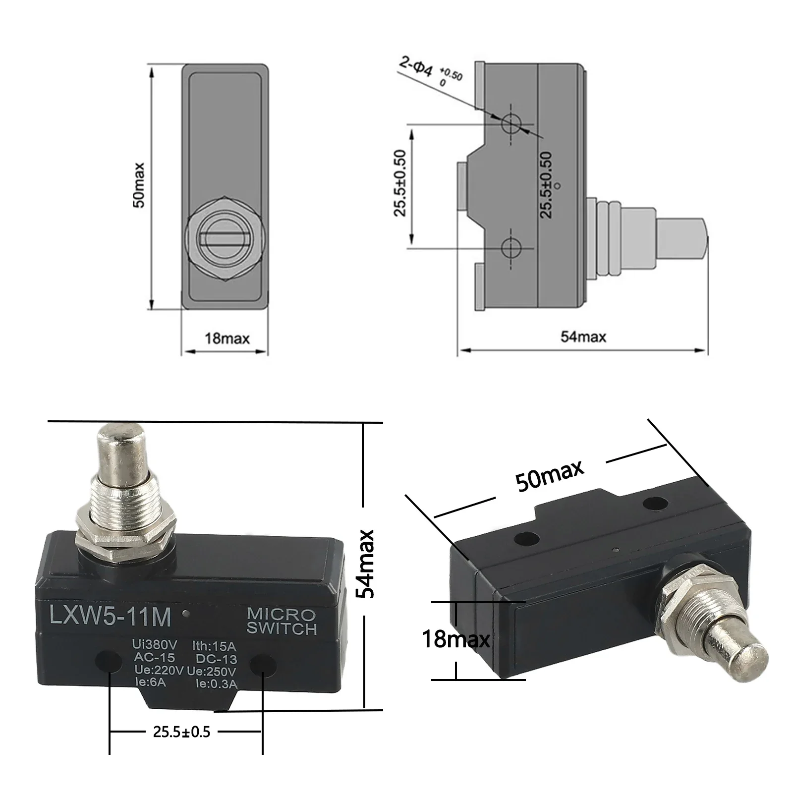 LXW5-11M Limit Switch 10A Push Plunger 1NO+1NC 500000 Cycles AC 380V DC 220V Panel Mount Short Plunge Actuator Type