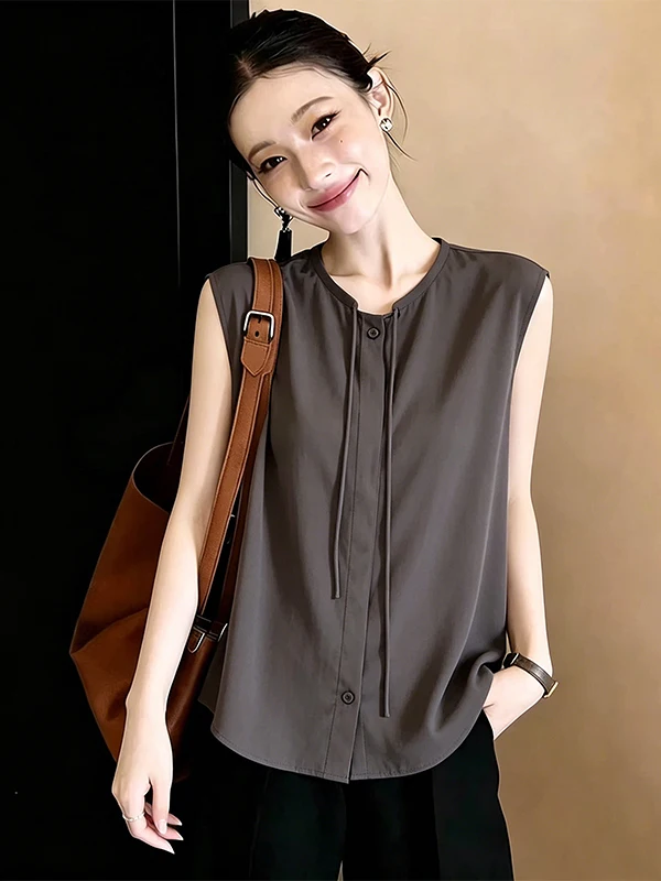 

Summer New Style Women's Casual Shirt without Sleeves Single Button Pleated Loose Fit Pure Color Commute Style Korean Version