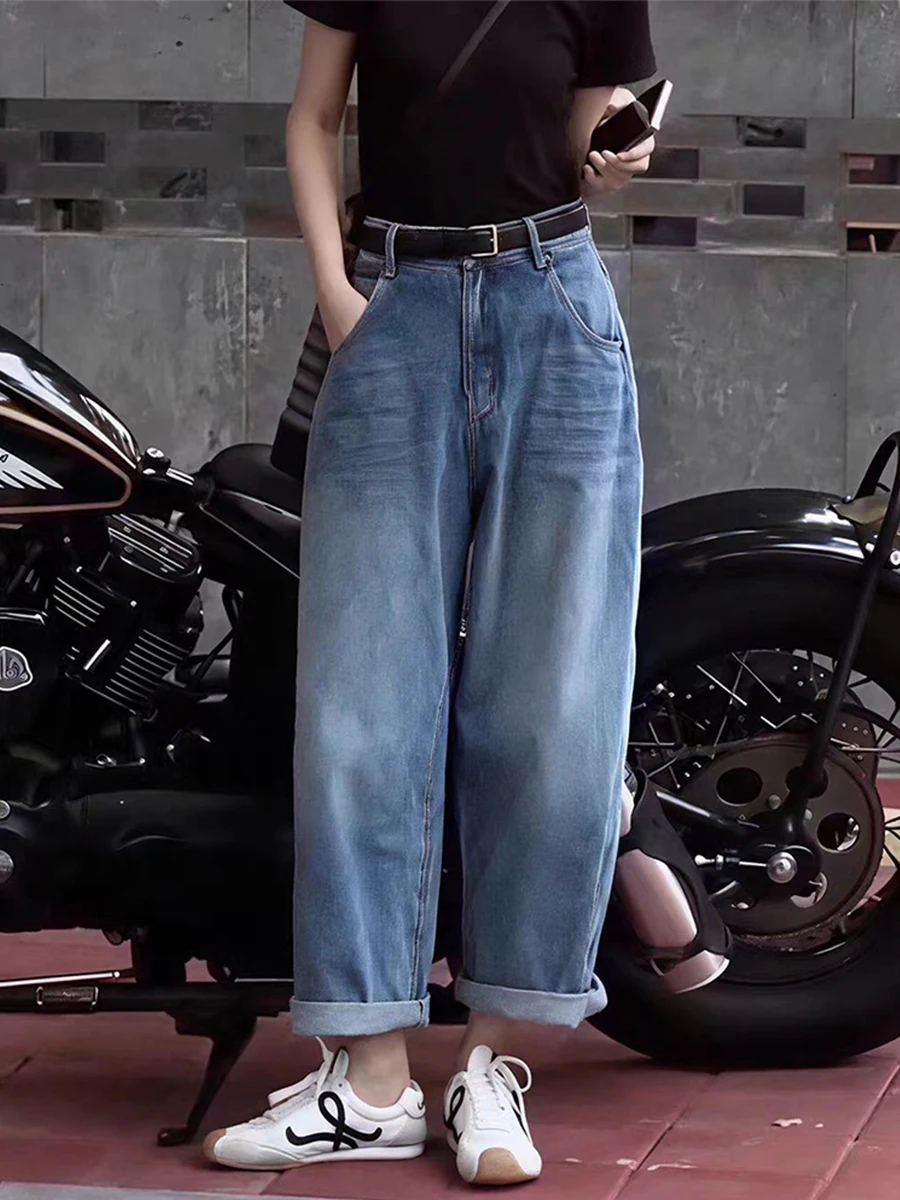 Loose High Waist Blue Denim Jeans Women's Autumn plus Size Small Figure Flattering Straight Leg Wide Leg Pants Vintage Style