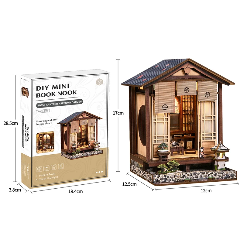 Kit modello in miniatura in legno per angolo libro fai-da-te Muschio-Lantern Harmony Garden Fermalibri Puzzle 3D con luce a LED per regalo di compleanno per amici