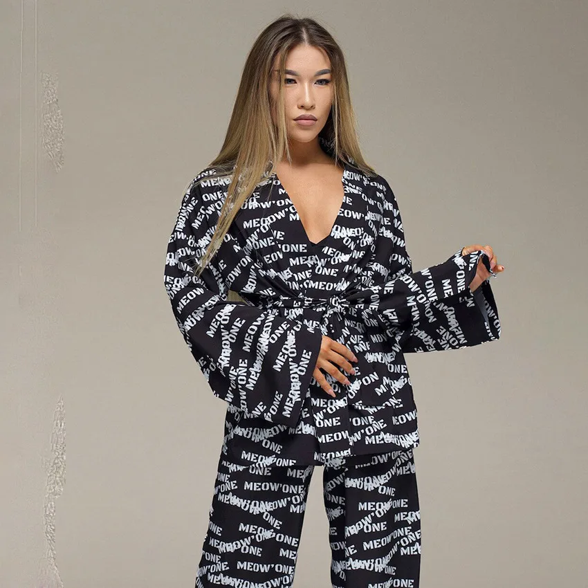 Europe And America New Printed Imitation Silk Loose Women's Pajamas Sets Stylish Casual Soft Breathable Cotton Home Sleepwear