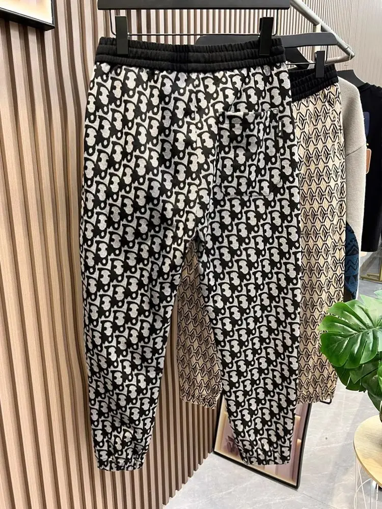 European station summer men's handsome casual pants versatile and thin tied feet 2024 printed Harlan pants thin trousers