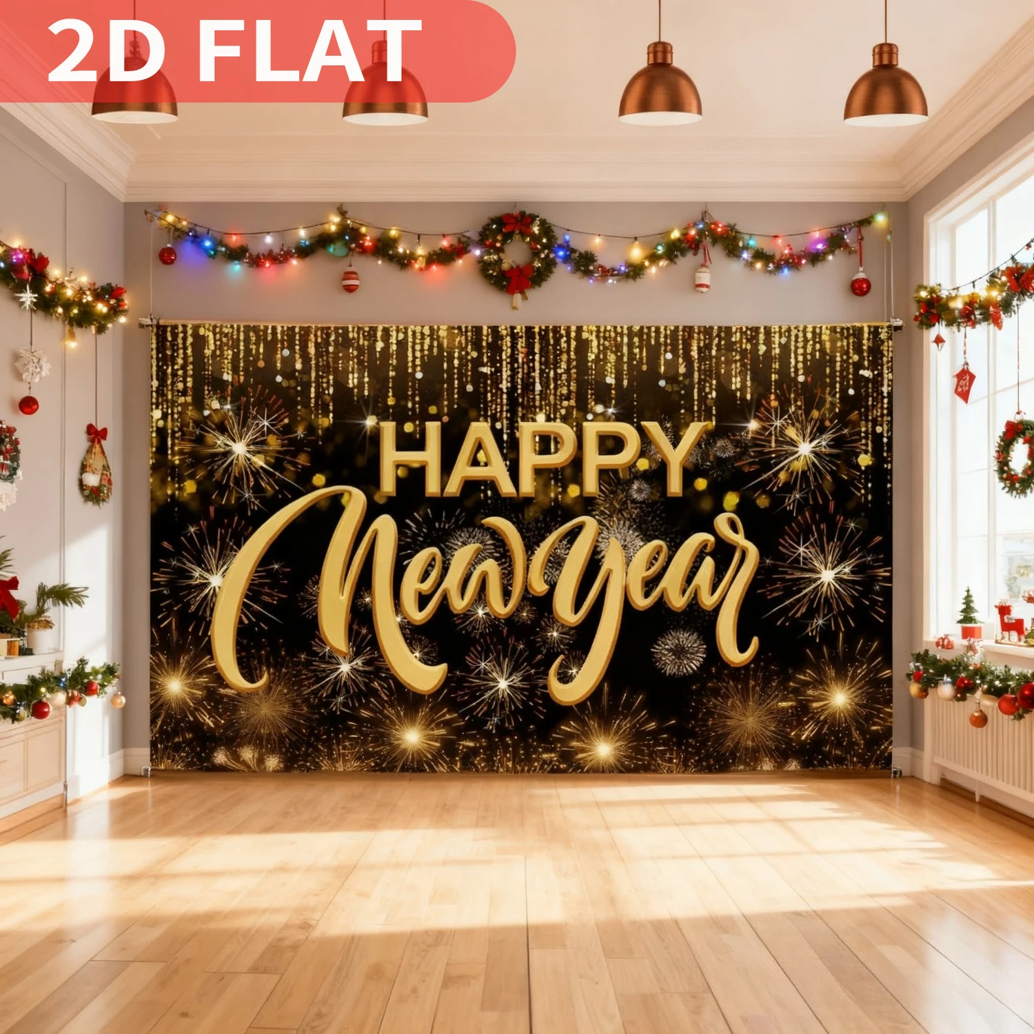 

1pc Happy New Year, Party Photobooth Props Banner with Firework Pattern for New Year Party Decor, 43x71 Inch Durable Polyester