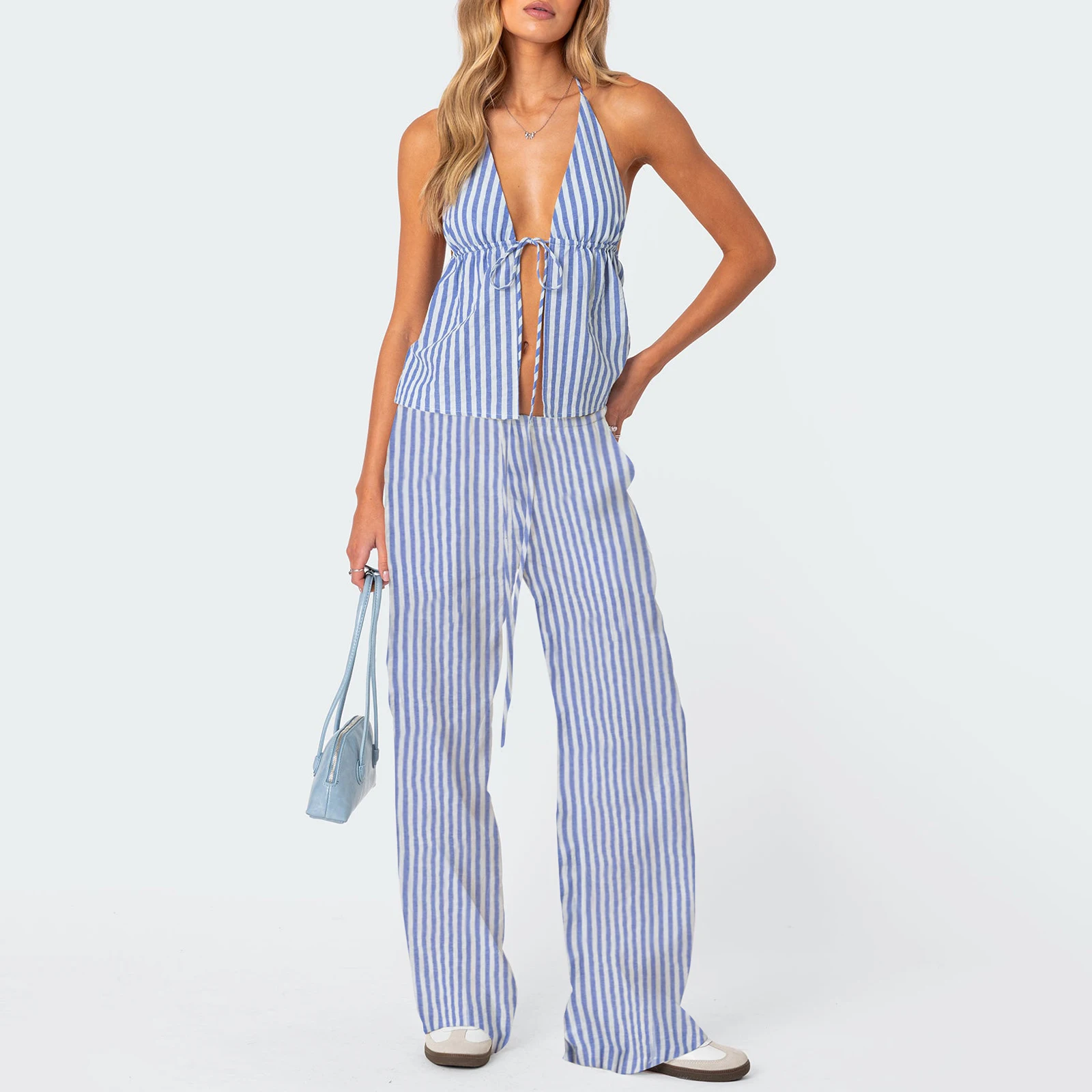 Women Stripe Tie-Up Halter Neck Backless Sleeveless Tank Tops Wide Leg Pants 2 Pieces Clothes Set Summer Lady Pants Outfits