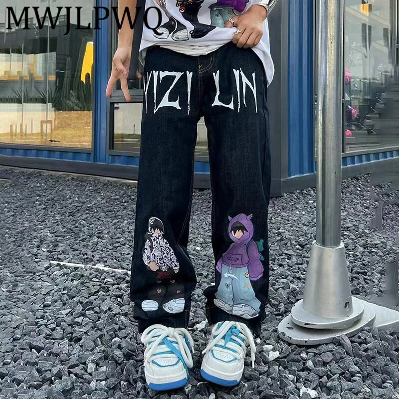 

MWJLPWQ Дизайнерские прямые джинсы в американском стиле, мужские свободные черные длинные брюки унисекс с принтом High Street, новые модные 12505