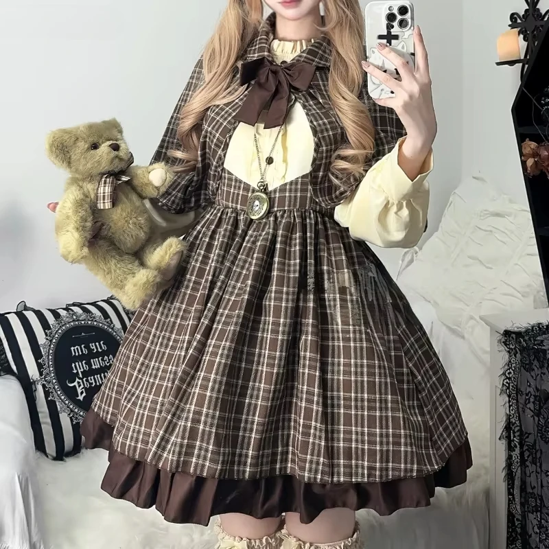 Preppy Style Gothic Lolita Plaid Dress Cloak Set Women Halloween Detective Cosplay Costumes Party Mini Dresses Punk Y2k Dress