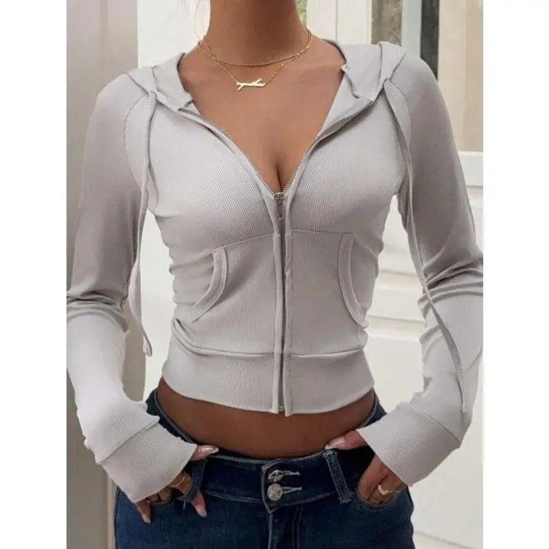 

New G 57637 Women's Pure Color Zipper Front Long Sve ket Jaet Simple Sle V-Ne ort Length Suitable for Middle-Ag...