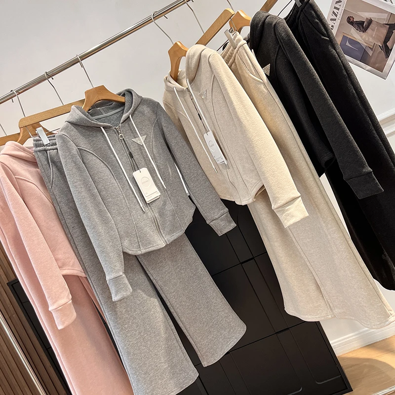 

Faionable Women's Lule Set with Hooded Fce Long Sve High Waist Trousers Wide Leg Pants Cardigan Sle Autumn Wear