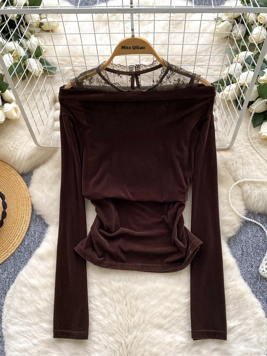 

Retro Lace Patchwork Long Sve Velvet Top Women's Autumn Winter Slim Fit irt Gathered Waist Base Layer Vintage Sle