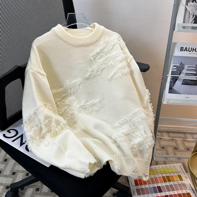 Ripped Tassel Jacquard Sweater For Men Fashion Simple Round Neck Solid Color Knitted Pullover Top Korean Casual Warm Knit Tees