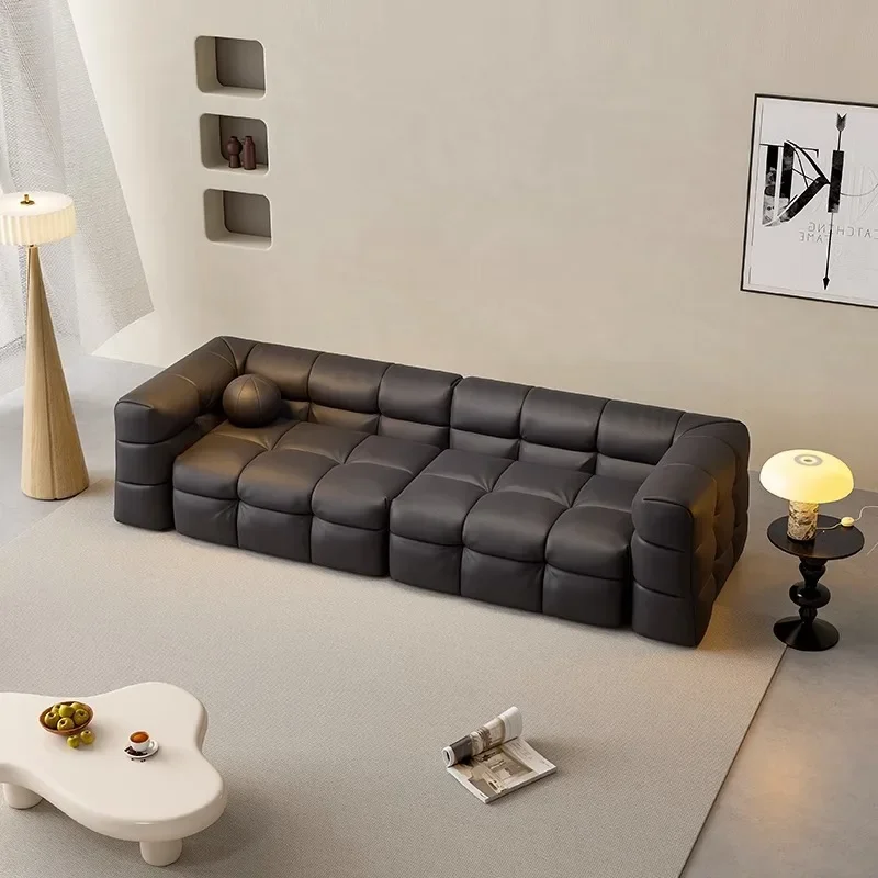 أريكة فنية من الجلد الإيطالي البسيط من مارشميلو، أريكة منزلية من الطبقة الأولى من الجلد باللون الأسود #3