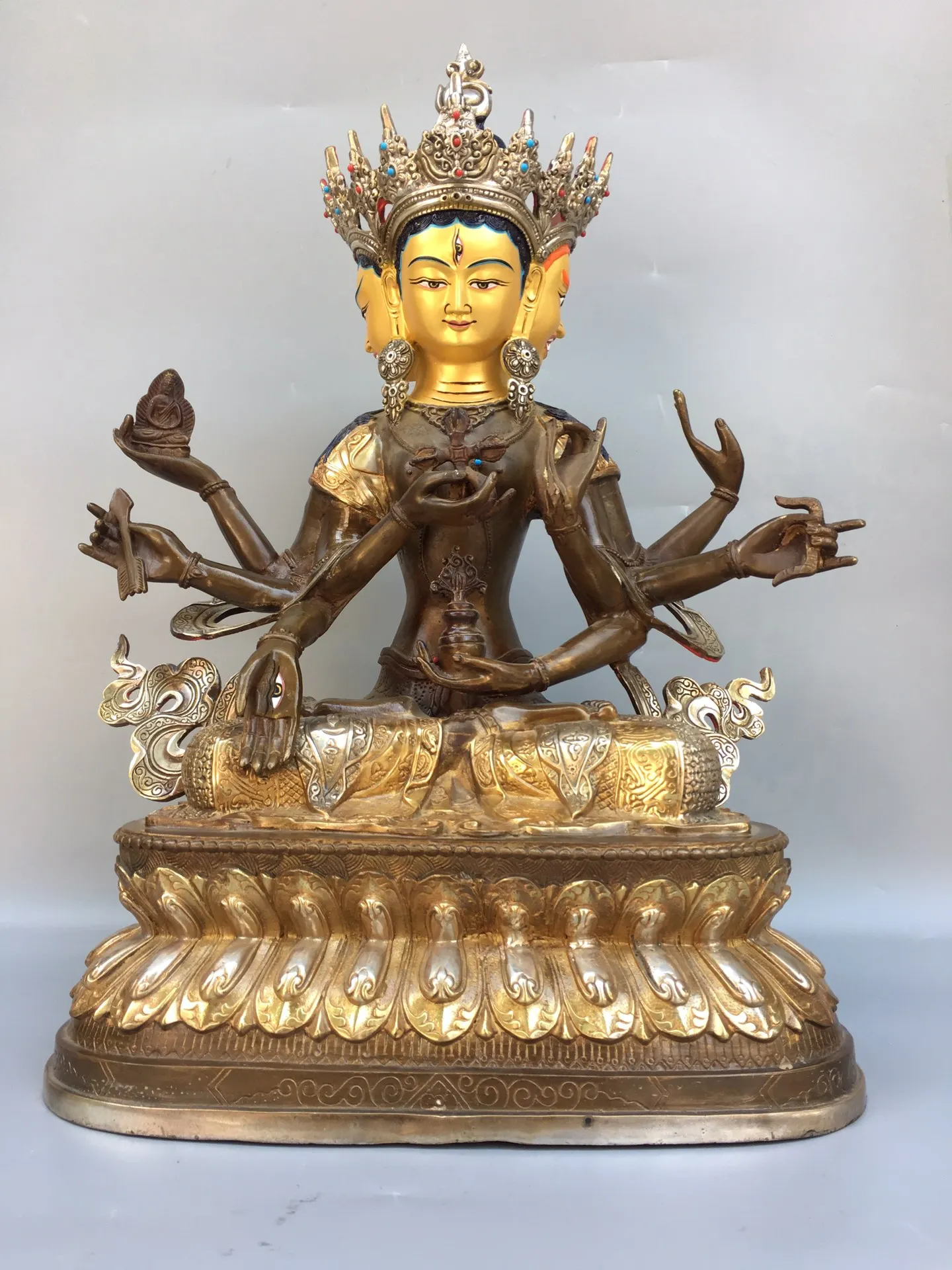 

19" Tibetan Temple Collection Old Bronze Gilt face painting three heads eight arms Revered Victory Mother lotus platform Buddha