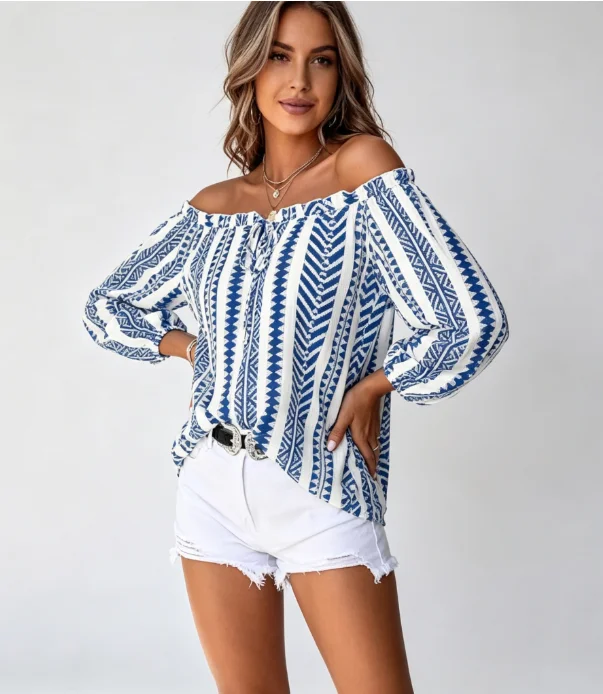Women Off Shoulder Blue White Geometric Stripe Lantern Long Sleeve Tie Front Blouse