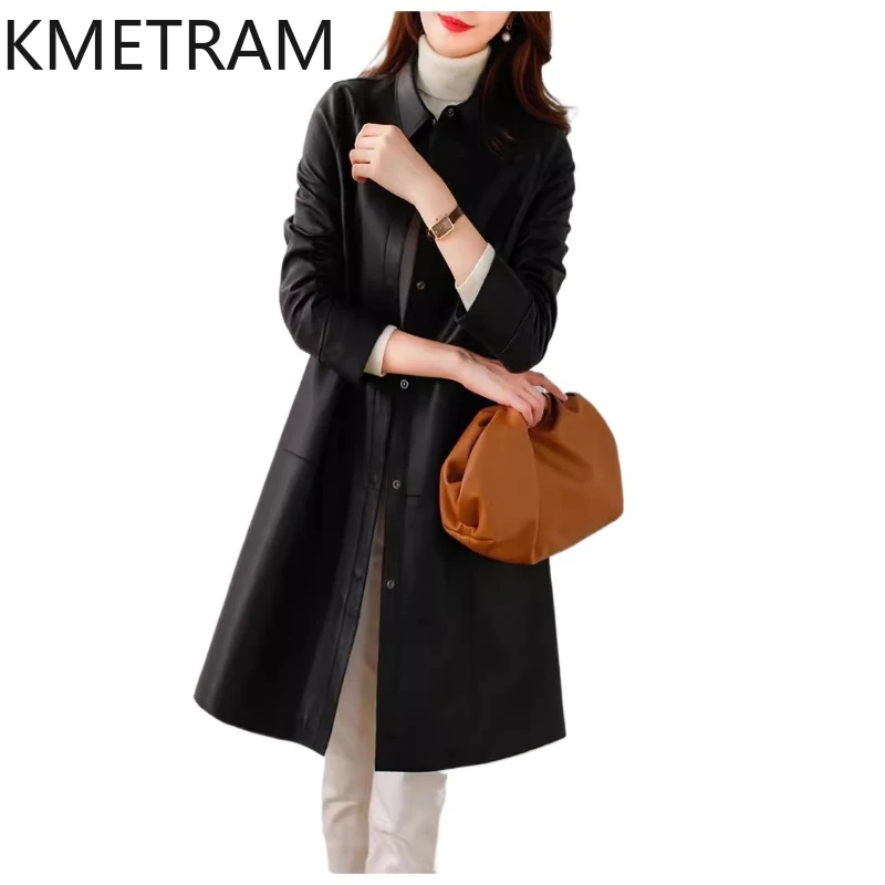 Echtes Leder Jacke Frau 100% Schaffell Dünne Jacken Frauen Luxus Mittlere Länge Leder Trenchcoat Herbst Kleidung 2025 Ettка