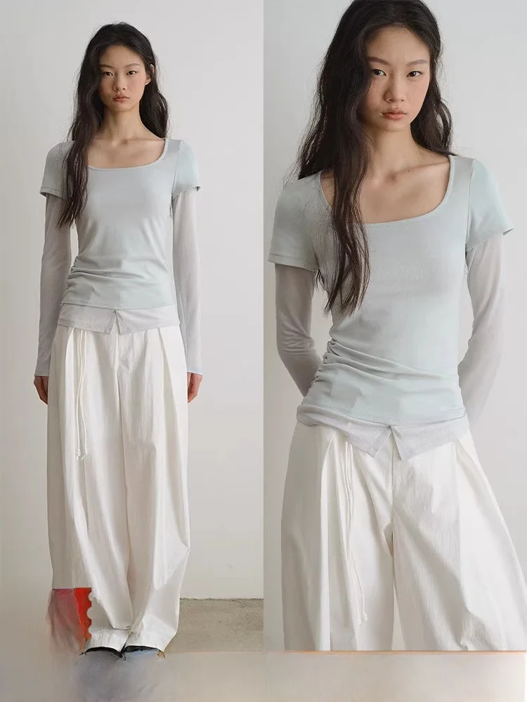 

Футболка Popchrio Rylee из хлопка с длинным рукавом и U-образным вырезом, приталенный крой, повседневный стиль, женский весенний модный топ